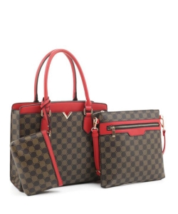 Satchel Handbag with Crossbody & Wristlet JUS30115 RED/COFFEE